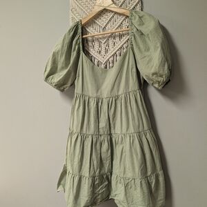 Nia Green Checkered Gingham Cotton Puff Sleeve Tiered Dress Medium Cottagecore